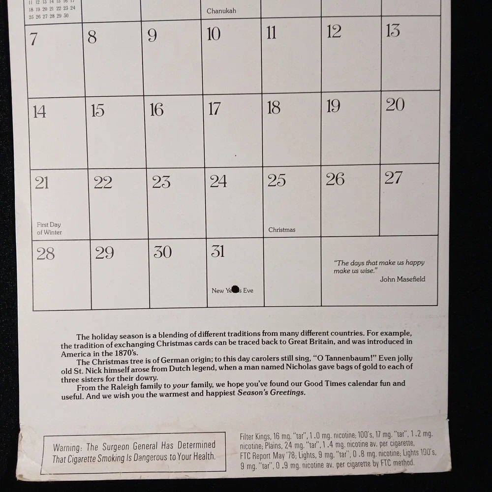 Vintage 1980 RALEIGH Lights CIGARETTES Country Store Calendar Advertising Sign